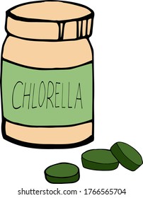 jar bottle and pills chlorella hand drawn in doodle style. single element for design. super food, algae, pharmacy, medicine