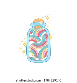 Jar - bottle. Rainbow, sequins, stars and gold dots. Isolated vector object on white background.