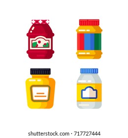 Jar and bottles. Topping in grocery jars. Mayonnaise, peanut butter, jam and mustard. Buy grocery in the supermarket vector flat design illustration set