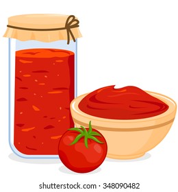 Jar And Bowl Filled With Homemade Tomato Sauce. Vector Illustration