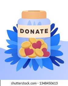 Jar box with hearts and coins inside. Banner text donate. Donation box. Donate, giving money. Vector illustration, flat style design. - Vektor 