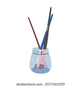 A jar with brushes for drawing. Art supplies. Isolated on a white background. Flat vector illustration.