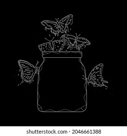 Jar with butterflies geometric vector illustration on a black background.