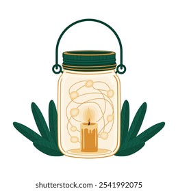 a jar with a candle and leaves on it
