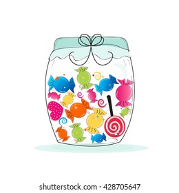 Jar of candy. Colorful sweet candy frame. Traditional candies for Seker Bayram Holiday. Greeting card vector illustration