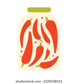 A jar of canned chili peppers. Vector illustration of homemade pickle. Flat style. Hand-drawn jar with canned vegetables.