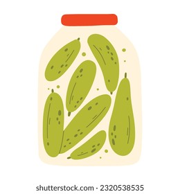 Un frasco de pepino enlatado. Ilustración vectorial del pepinillo casero. Estilo plano. Frasco dibujado a mano con verduras enlatadas.