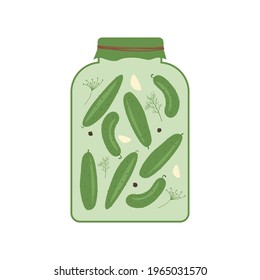 A jar of canned cucumbers. Natural organic food. Farm products. Vector illustration