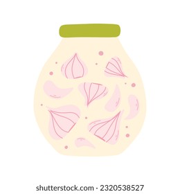Un frasco de ajo enlatado. Ilustración vectorial del pepinillo casero. Estilo plano. Frasco dibujado a mano con verduras enlatadas.