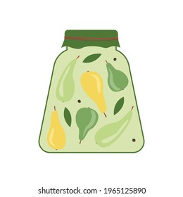 A jar of canned pears. Homemade compote. Natural organic food. Farm products. Vector illustration. 