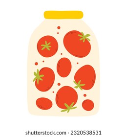 A jar of canned tomato. Vector illustration of homemade pickle. Flat style. Hand-drawn jar with canned vegetables.