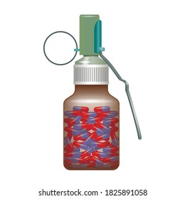 Un frasco de cápsulas y un detonador de granada. Medicina con armas. Ilustración aislada del vector.