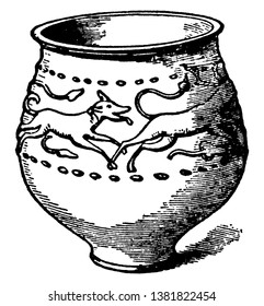 Jar of Castor ware with reliefs of a stag pursued by a hound, its executed in semi-fluid slip, vintage line drawing or engraving illustration.