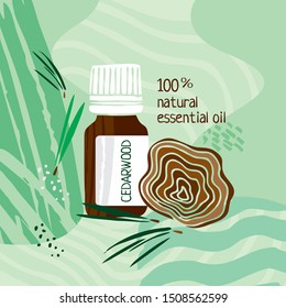 Jar with cedarwood essential oil  on an green abstract background. Poster for catalog, invitations, parties and Spa. Color cute cartoon vector illustration