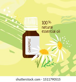 Jar with chamomile essential oil  on an green and yellow abstract background. Poster for catalog, invitations, parties and Spa. Color cute cartoon vector illustration