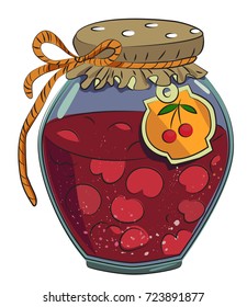 Jar Of Cherry Jam Cartoon Image. Artistic Freehand Drawing.