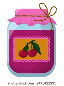 Jar with cherry jam or confiture, homemade marmalade or preserves in a cozy vessel vector illustration