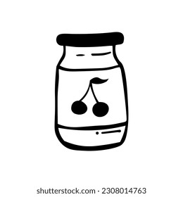 Jar de mermelada de cerezo al estilo de doodle. Esquema aislado. Ilustración vectorial dibujada a mano en tinta negra sobre fondo blanco.