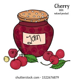 A jar of cherry jam and fresh ripe cherries. Colorful vector illustration in sketch style.