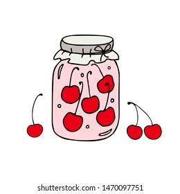 Jar with cherry jam. Hand drawn vector illustration.