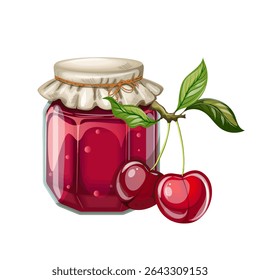 Jar of cherry jam. Hand drawn, isolate on white background, clip art, vector illustration.