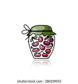 Jar with cherry jam, sketch for your design. Vector illustration