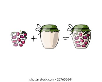 Jar with cherry jam, sketch for your design. Vector illustration