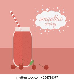 Jar with cherry smoothie and berries on a table. Vector illustration