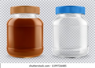 Jar Of Chocolate Spread And Empty Glass Jar. 3d Vector Realistic Mockup