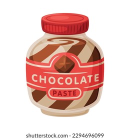 Jar of chocolate swirl spread. Tasty sweet dessert cartoon vector illustration