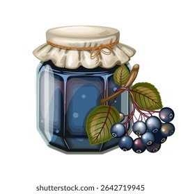 Jar of chokeberry jam. Hand drawn, isolate on white background, clip art, vector illustration.