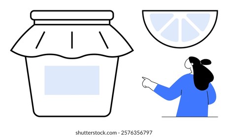 Jar with a cloth cover, a slice of citrus fruit, and a figure pointing. Ideal for food packaging, cooking, healthy lifestyle, fresh ingredients, recipe design. Simple vector style, blue accent, white