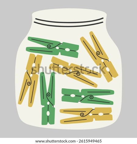 Jar of Clothespins Hand Drawn Flat Vector Illustration