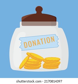 Jar with coins, charity concept, Donations to support, Glass jar for fundraising