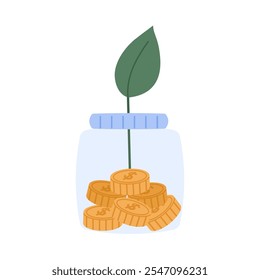 A jar of coins with a stack of coins,  sprouting stem. Stack of savings coins. Saving money concept