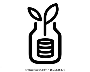 Jar of coins vector. Saving money icon flat, investing concept. Golden coins in jar with plant. Growing fortune symbol isolated on white.