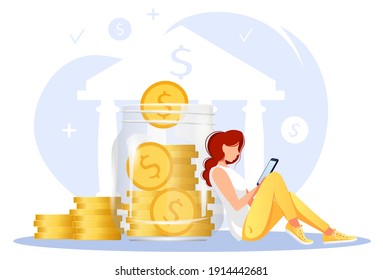 Jar with coins, Woman sitting with phone, bank background. Bank, budget, finance, savings concept. Isolated vector illustration for flyer, poster, banner, advertising. 