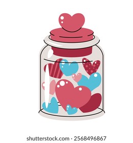 Jar with colorful hearts inside in flat cartoon style. Glass packaging with valentines on white background. Vector illustration for Valentine's day for cards, stickers, banners, etc.