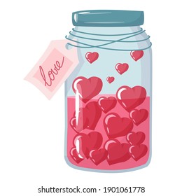 Jar oder Behälter mit Herzen drinnen. Dekorelement für Valentinstag-Vektorgrafik, gezeichnet im Cartoon-Stil einzeln auf weißem Hintergrund