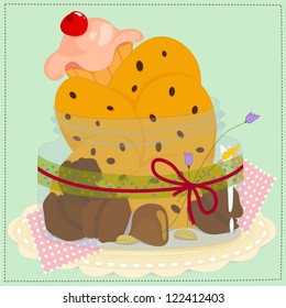 jar with cookies, nuts and a cake