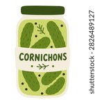 Jar of cornichons and pickled cucumbers illustration.