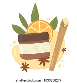 Jar with cosmetic cream, skin care, tropical orange, vitamin C. Vector illustration in flat style.