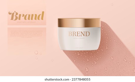 Jar of cosmetic cream. Water drops in shadow of bottle cosmetic product.