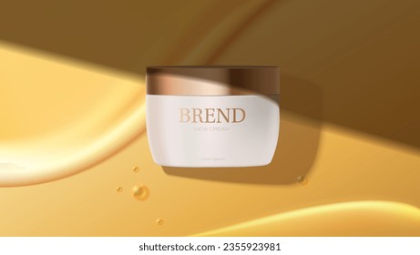 Jar of cosmetic product covered shadow on yellow background.