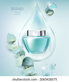 A jar of cosmetics and eucalyptus branches on a light blue background with water drops Realistic 3d vector illustration
