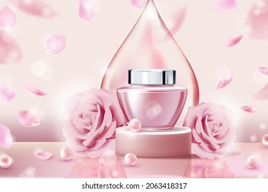 A jar of cosmetics on the podium and pink roses on a pink background with petals floating in the air. Template for the presentation of cosmetics. 3d vector illustration
