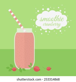 Jar with cranberry smoothie and berries on a table. Vector illustration