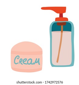 frasco de crema y dispensador con crema líquida, objeto plano y aislado sobre fondo blanco, ilustración vectorial,