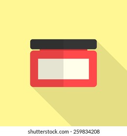 jar of cream with long shadow. concept of beauty parlor, skincare, organic balsam, medicine, branding package. isolated on yellow background. flat style trendy modern logo design vector illustration