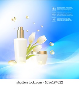 Jar of cream on blue background with shining bio essence bubbles. Moisturizer with Vitmins and Regenerate Cream. Vector illustration.